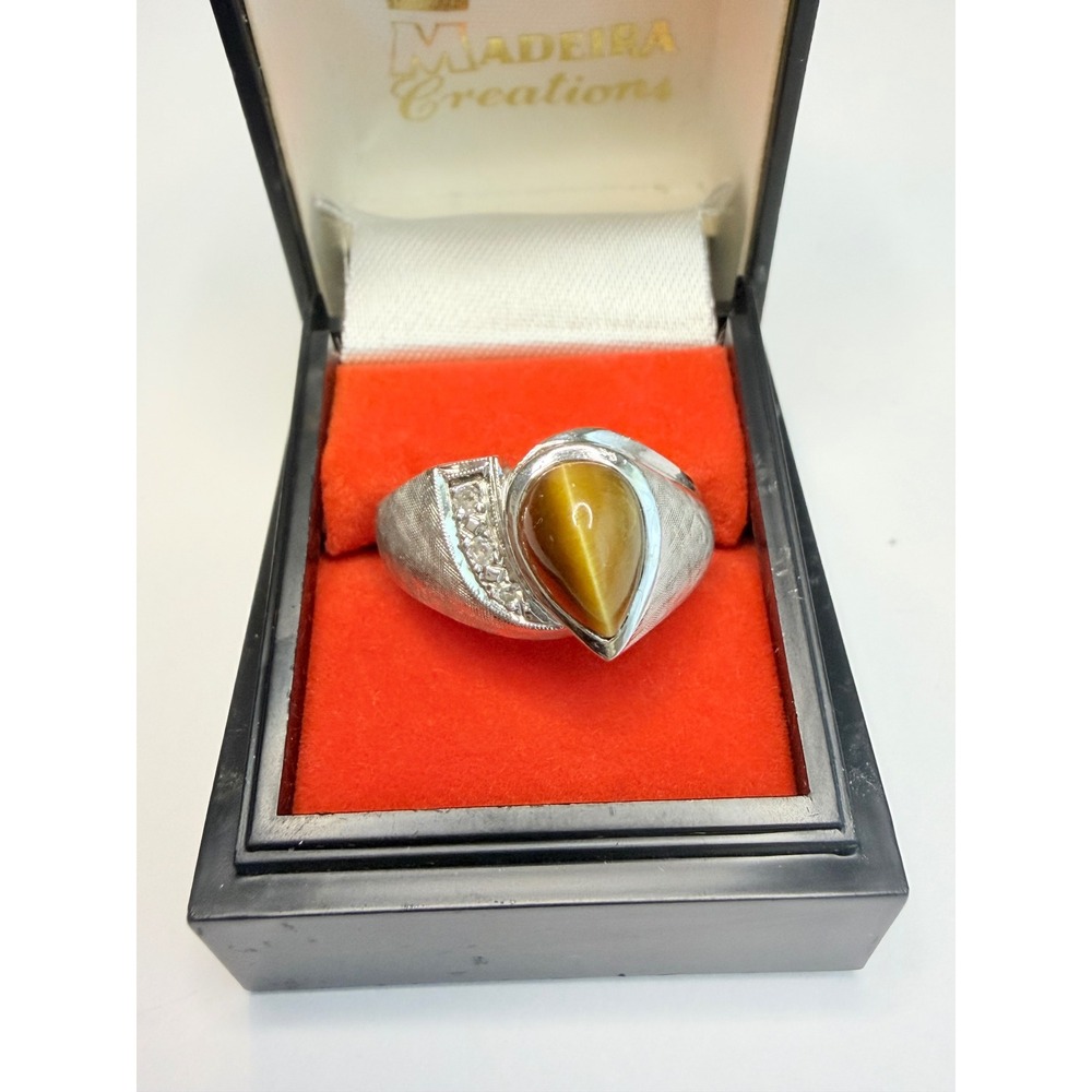 14K White Gold Tiger's Eye & Diamond Ring Size 9